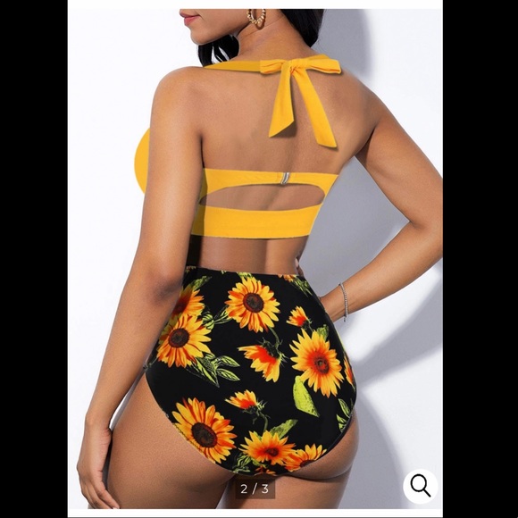 High waisted 2 piece swim suit. Yellow Sunflower - Picture 3 of 4